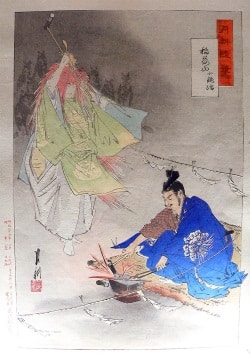 Inari assiste le forgeron Munechika, estampe d'Ogata Gekkô, période Meiji