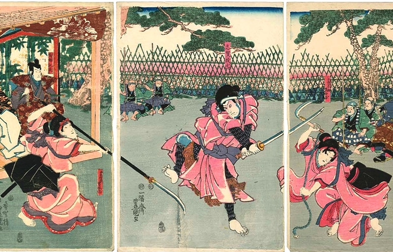 Les sœurs Miyagino et Shinobu assouvissent leur vengeance, estampe de la période Edo